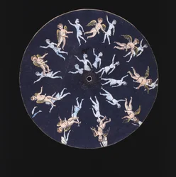 Phenakistiscope (Phenakistoscope) disk viser en amor og to piger, c 1830