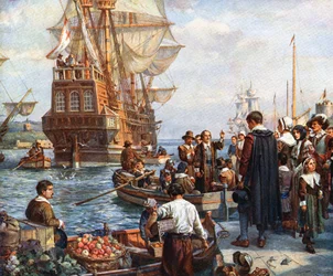 Pilgrimsfædre går ombord på Mayflower