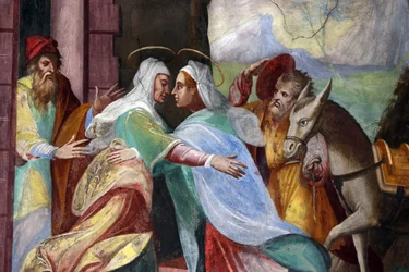 Pilgrimskirke Madonna del Sasso. Besøget er Marias besøg med Elizabeth som optaget i Lukasevangeliet, 20160508, Orselina, Schweiz