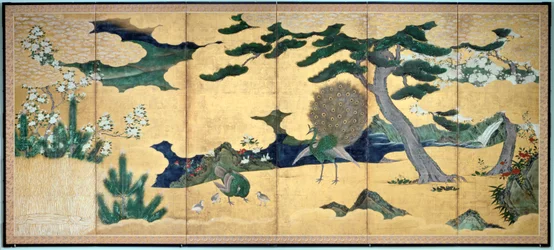 Fyrretræer og påfugle, japansk Edo-periode, begyndelsen af det 17. århundrede