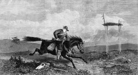 Pony Express rider crossing hostile country pursued by native Americans, 1861