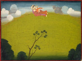Dwarka med Pradyumna og Mayawati flue, fra den store Basohli Bhagavata Purana, ca. 10-6.