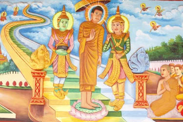 Preah Prom Rath MonasteryLife of the BuddhaBuddha aflægger et besøg i himlen og mødes med guderne Indra og Brahma, Siem Reap, Cambodia