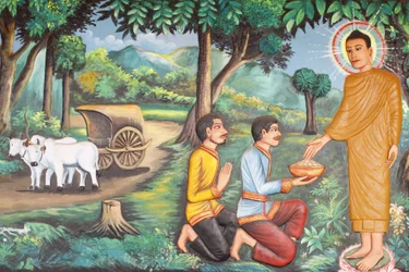 Preah Prom Rath Monastery Life of the Buddha Siddhartha Gautama modtog mad givet af to brahmaner, Siem Reap, Cambodia