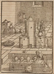 Forberedelse af de væsker, der bruges til at udvinde sølvmalmen fra guldmalmen - Gravering udvundet fra Beskrivelse af malmene og de vigtigste minedriftsmetoder, af Lazarus Ecker