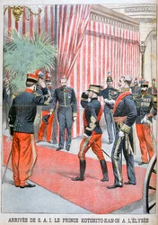Prins Kotohito Kan ankommer til Élysée-paladset, Paris, 1900