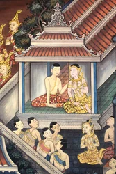 Prins Rama og Sita. Vægmaleri på indervæggene i Vihara fra kong Rama III