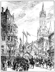 Procession nærmer sig Rådhuset, Manchester, 1887