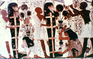 Oprensning af mumier, detalje fra et tempelvægmaleri, Theben, Egypten