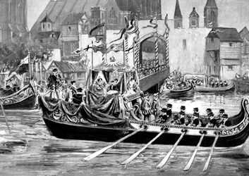 Dronning Elizabeths kroningsprocession på floden, London, 1558, ca. 1905