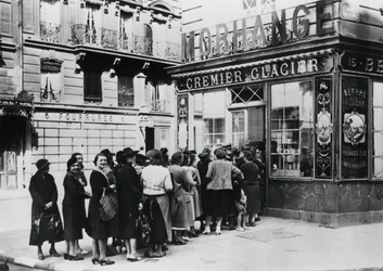 Kø af kvinder uden for en mejeributik, tyskbesatte Paris, 28. juni 1940