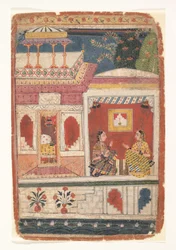Radha og hendes fortrolige sidder i et åbent rum: Side fra en spredt Rasikapriya, ca. 1680-90.