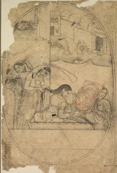 Radhas hår bliver klædt på, ca. 1790-1800.
