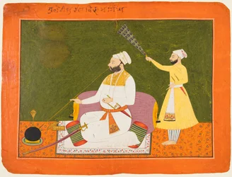 Raja Bikram Singh af Guler regerede 1661-85 Rygning, omkring 1680.