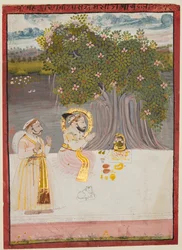 Rana Sangram Singh tilbeder en Linga under et Banyan-træ, ca. 1712-15.