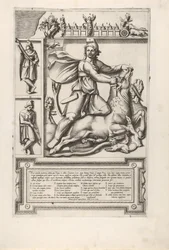 Relief med Mithras, der knæler på en tyr og slår et sværd ind i dens skulder, til venstre tw..., 1564.