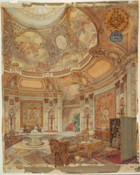 Gengivelse af Grand Gallery of Honor, Palazzo Paz, Buenos Aires, Argentina, ca. 1890