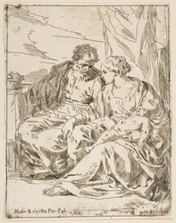 Hvil på flugten til Egypten, hvor Maria holder spædbarnet Kristus, mens St. ..., ca. 1637-1639 eller senere.
