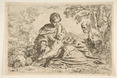 Hvil på flugten til Egypten, Maria holder spædbarnet Kristus med St. Joseph ..., ca.1640 eller senere.