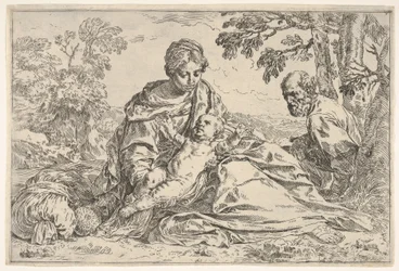 Hvil på flugten ind i Egypten, Maria holder spædbarnet Kristus sammen med St. Joseph..., ca. 1640 eller senere.