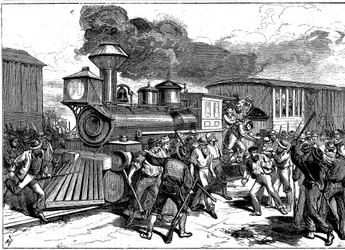 Optøjer fra jernbanearbejdere i Martinsburg på Baltimore-Ohio Railroad, USA, 1877
