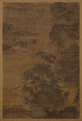 Flodlandskab: bjerge, fyrretræer og bygninger, Ming-dynastiet, 1368-1644.