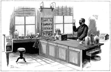 Robert Koch 1843-1910, tysk bakteriolog og læge i sit laboratorium