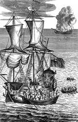 Robinson Crusoe redder besætningen på et skib i brand til søs, c1719