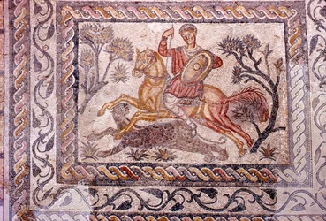 Romersk mosaik af rytter, der jager en leopard, Merida, Spanien, 2.-3. århundrede
