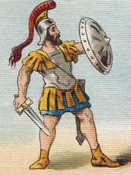romersk soldat. Indgravering i "Alphabet de ma petite fille". Bernardin-Bechet og Fils, boghandler-forlag, Paris, omkring 1895. Ubrydeligt album på lærred. Bibliotheque des Bebes. 12 sider. Album indeholdende en læsemetode og et illustrativt abecedarium.