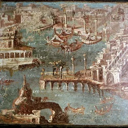 Romersk vægmaleri af en havnescene, Stabiae, nær Pompeji, Italien