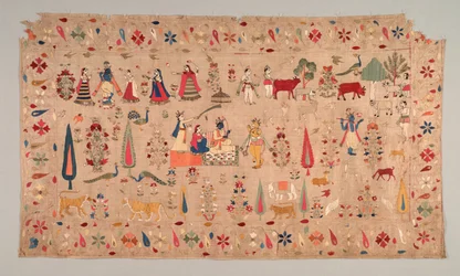 Rumal dekoreret med scener af Krishnas liv, 1700-tallet.