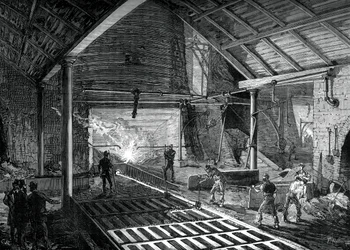 At køre det smeltede jern ind i grisene, c1880
