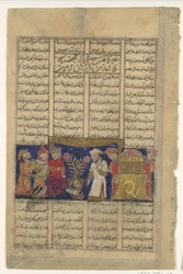 Rustom sag fra Kabul for at betale hyldest til mange Khusrau, Folio fra en Shahnama..., ca.1330-40.