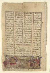 Rustam Lassos, Khaqan fra Chin, trækker ham fra sin hvide elefant, Folio fra..., c1330-40.