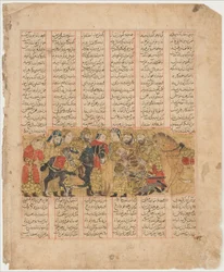Rustam plæderer for Tus Before Kai Khusrau, Folio from a Shahnama..., A.H. 741A.D. 1341.