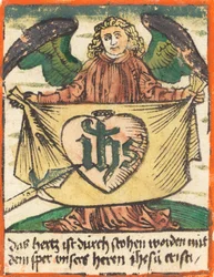 Helligt monogram i et helligt hjerte på et klæde holdt af en engel, ca. 1480.