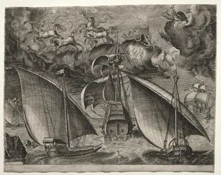 Sejlfartøjer: To Galejer, der sejler bag en bevæbnet tre-mester med Phaeton..., 1561-65.