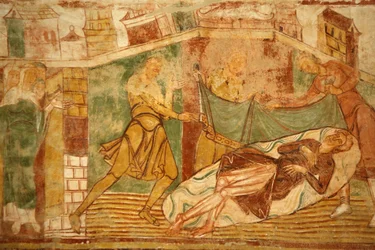 Saint-Savin sur Gartempes klosterkirke Skibshvælvingmaleri: scene i Det gamle testamente, der involverer Noah Saint-Savin Frankrig
