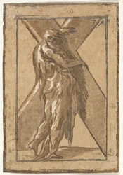Saint Andrew står i profil med et stort kors fra en serie af Tolv Apo..., ca. 1540-50.