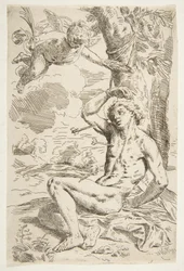 Sankt Sebastian gennemboret med pile og bundet til et træ, kopi efter Cantarini, ca. 1639 eller senere.