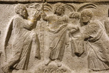 Saint Victor kloster, Marseille. Sarkofag detalje: Jesus omgivet af Peter og Paulus. Frankrig