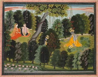 Sakhi overtaler Radha til at møde Krishna, fra Lambagraon Gita Govinda..., ca. 1820-1825.