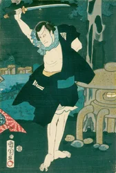 Samurai kriger. Japansk maleri på silke, i traditionel japansk stil