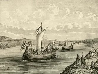 Skandinaviske fartøjer på vej op ad en flod, 1890.