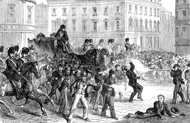 Scene ved et Belfast-optøj i slutningen af det 19. århundrede