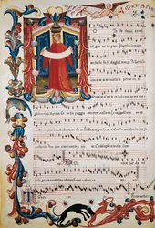Partitur med illumination i Squarcialupi-kodekset, ca. 1410-1415