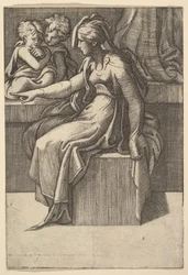 Siddende kvinde med to børn, 1500-tallet.