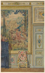 Afsnit af en væg, der viser en del af det flamske gobelin, billedtæpperum, Palace of Fontainebleau, Frankrig