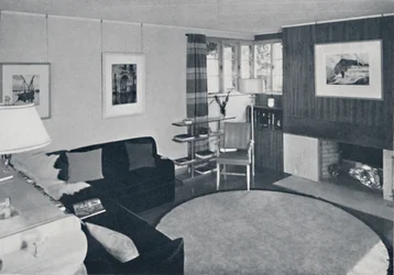 Sewall Smith. Stue i arkitektens eget hjem i Niagara Falls, N.Y., i en turkis, koral